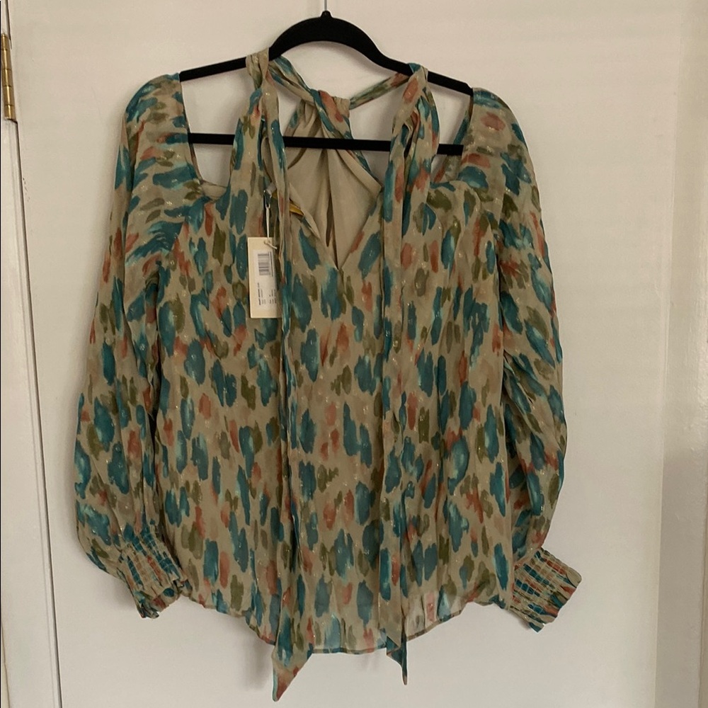 Ramy Brook Blue and Tan Long Sleeve Cut Out Blouse